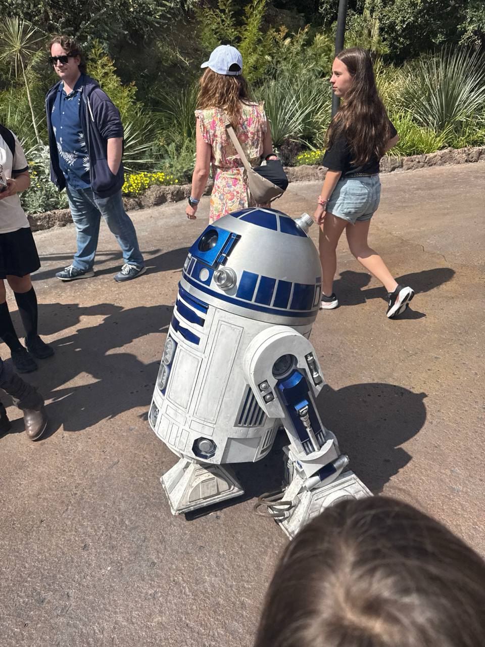 R2-D2 rolling through Disneyland with park guests nearby